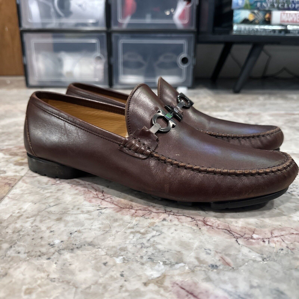 SALVATORE FERRAGAMO GANCINI CALF LEATHER LOAFER 8.5 D BROWN MADE IN ITALY